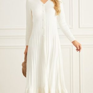 Elegant Plain Long Sleeve Buttoned Pleated Sweater Dress, Dresses, color:Off White|size:XXL, Stylewe
