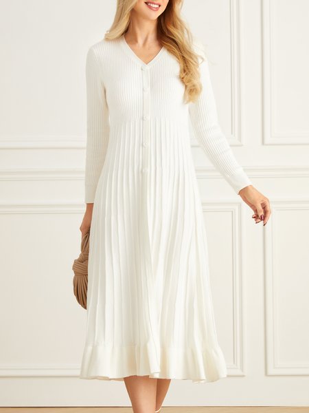 Elegant Plain Long Sleeve Buttoned Pleated Sweater Dress, Dresses, color:Off White|size:XXL, Stylewe