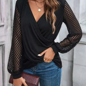 Cross Neck Lace Sleeve Casual Top, Shirts & Blouses, color:Black|size:XXL, JustFashionNow