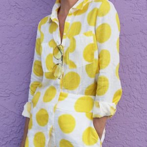 Shirt Collar Polka Dots Casual Regular Fit Blouse, Blouses and Shirts, color:Yellow|size:XXL, Stylewe