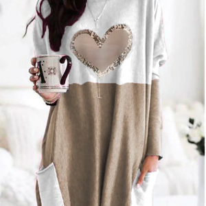 Loose Casual Crew Neck Heart/Cordate Valentine's Day Dress, Dresses, color:Khaki|size:XXL, JustFashionNow