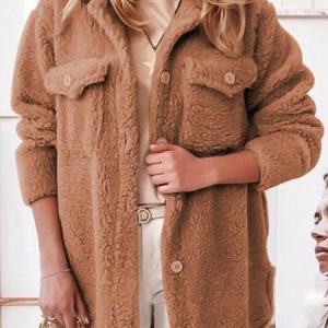 Shawl Collar Long Sleeve Plain Fleece Micro-Elasticity Loose Teddy Jacket For Women, Coats, color:Khaki|size:XL, Noracora
