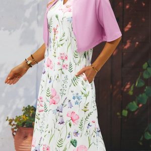 Regular Fit Elegant Wrap Floral Two-Piece Set, Suit Set, color:Pink|size:XXL, JustFashionNow
