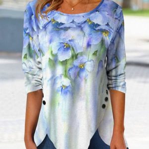Loose Crew Neck Vacation Buttoned Top, Shirts & Blouses, color:Multicolor|size:XXL, JustFashionNow