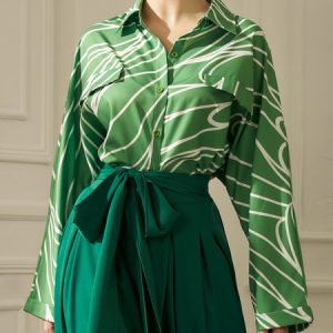 2023 Fashion week Loose Shirt Collar Abstract Casual Blouse, Blouses and Shirts, color:Green|size:XXL, Stylewe