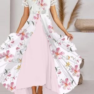 Elegant Lace Sleeve Floral V Neck Dress, JustFashionNow Formal Dresses, color:Pink-white|size:XXL,