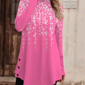 Casual Floral Turtleneck Long Sleeve T-shirt, T-shirts, color:Pink|size:XXL, Noracora