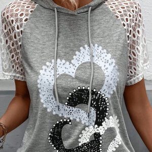 Heart Print Contrast Lace Raglan Sleeve Drawstring Hooded Tee, Sweatshirts & Hoodies, color:Gray|size:XXL, JustFashionNow