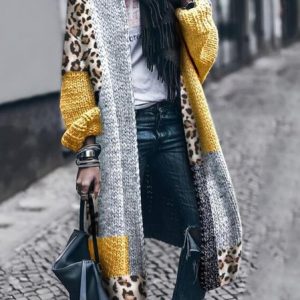 Women Color Block Long Sleeve Comfy Casual Cardigan, Cardigans, color:Yellow|size:5XL, Noracora