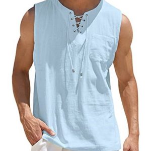 Casual Lace-Up Plain Regular Fit Tank Top, T-Shirts, color:Light Blue|size:3XL, JustFashionNow
