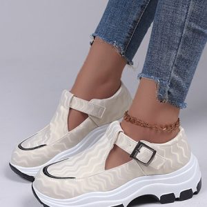 Contrast Moire Leather Platform Sneakers, Sneakers, color:Beige|size:43, JustFashionNow