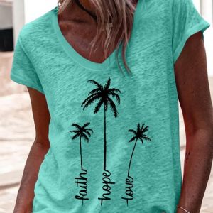 Women's Faith Hope Love Palm Trio Print Casual T-Shirt, color:Green|size:3XL, Lilicloth.com