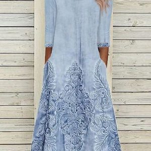 JFN Round Neck Ethnic Casual Midi Dress, Dresses, color:Blue|size:XXL, JustFashionNow