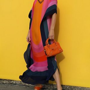 Crew Neck Ombre Loose Vacation Dress, Maxi Dresses, color:Multicolor|size:XXL, Stylewe