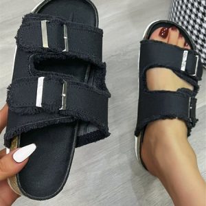 Solid Denim Fringe Double Buckle Casual Slippers, Sandals & Slippers, color:Black|size:43, JustFashionNow