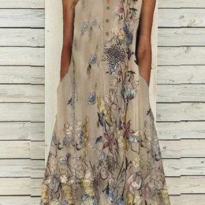 Floral Buckle Casual Vacation Loose Dress, Midi, color:Khaki|size:XXL, Noracora
