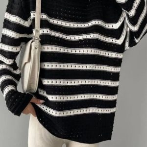 Women Striped Long Sleeve Comfy Casual Sweater, Sweaters, color:Black|size:One-size, Noracora