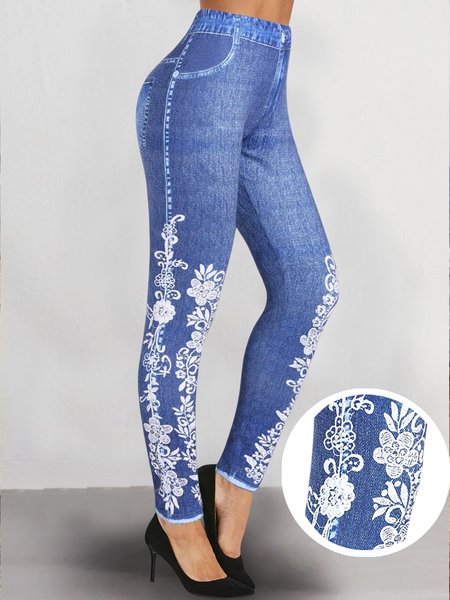 Floral Loose Casual Flower Faux Denim 3D Print High Waist Casual Skinny Long Leggings, Leggings, color:Blue|size:XXL, JustFashionNow