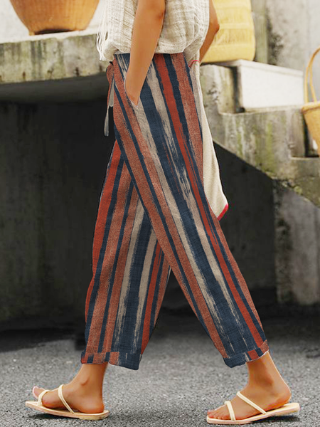 Linen Geometric Loose Pants, Pants, color:Red Brown|size:XXL, JustFashionNow