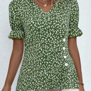 V Neck Floral Vacation Loose Shirt, Shirts & Blouses, color:Green|size:XXL, JustFashionNow