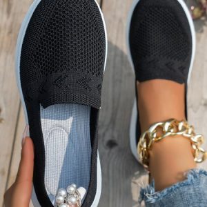 Women Breathable Slip On Flyknit Sneakers, color:Black|size:42, Lilicloth.com