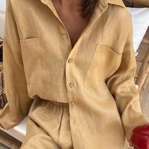 Women Plain Shawl Collar Long Sleeve Comfy Casual Pocket Stitching Top With Pants Two-Piece Set, Sets, color:Khaki|size:XL, Noracora