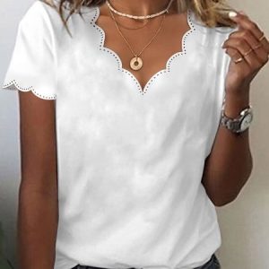 Lace Plain V Neck Casual T-Shirt, T-shirts, color:White|size:XXL, Noracora