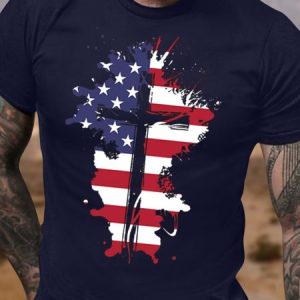 Men's Funny Flag Religious Cross Graphic Printing Text Letters Casual Loose Cotton T-Shirt, color:Purplish blue|size:3XL, Lilicloth.com