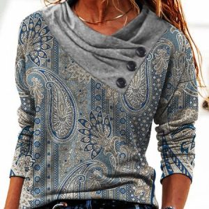 Womens Cross V Neck Top Paisley Long Sleeve Button Casual T-Shirt, Shirts & Blouses, color:Blue|size:3XL, JustFashionNow