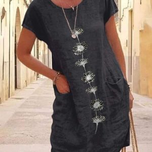 Cotton Floral Short Sleeve Woven Dress, Dresses, color:Black|size:XXL, JustFashionNow
