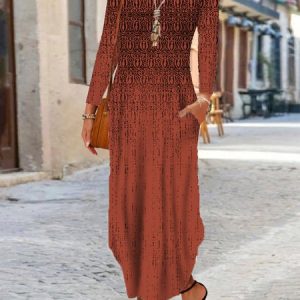 Women's Loose Crew Neck Long Sleeve Jersey Dress, Maxi, color:Brick Red|size:XXL, Noracora