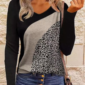 Casual V Neck Color Block Loose T-Shirt, Long sleeves, Lilicloth.com