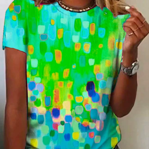 Crew Neck Casual Ombre Loose Rainbow Dot Short Sleeve T-Shirt, T-Shirts, color:Green|size:XXL, JustFashionNow