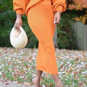 Plain Elegant Regular Fit Midi Skirt, Skirts, color:Orange|size:XXL, Stylewe