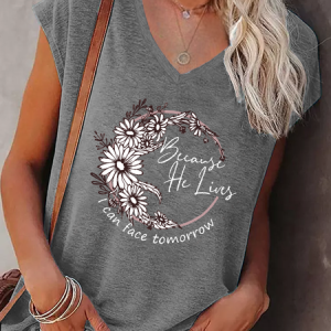 Women's Because He Lives Daisy Simple Tank Top, color:Gray|size:3XL, Lilicloth.com