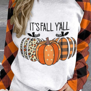 It's Fall Y'all Shirt Women Halloween Leopard Pumpkin Plaid Casual Halloween Raglan Sleeve Sweatshirt, color:White|size:3XL, Lilicloth.com