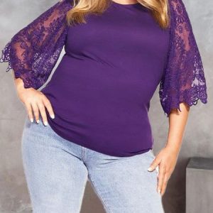 Plus Size Casual Crew Neck Plain Shirt, Shirts & Blouses, color:Purple|size:4X, JustFashionNow