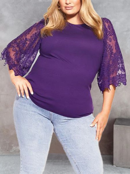 Plus Size Casual Crew Neck Plain Shirt, Shirts & Blouses, color:Purple|size:4X, JustFashionNow