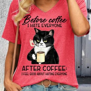 Women's Before Coffee I Hate Everyone After Coffee Black Cat Drink Letters Casual T-Shirt, T-shirts, Lilicloth.com