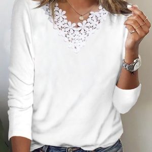 Lace V-neck stretch loose fit T-shirt, T-Shirts, color:White|size:3XL, JustFashionNow