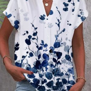 Leaf V Neck Casual Blouse, Shirts & Blouses, color:Blue|size:XXL, JustFashionNow