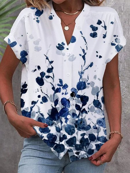 Leaf V Neck Casual Blouse, Shirts & Blouses, color:Blue|size:XXL, JustFashionNow