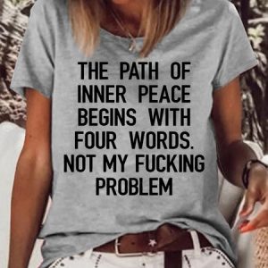 Women's Crew Neck The Path Of Inner Peace Letters Casual T-Shirt, color:Gray|size:3XL, Lilicloth.com