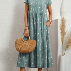 Casual Crew Neck Loose Polka Dots Dress, Dresses, color:Aqua|size:XXL, JustFashionNow