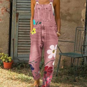 Casual Floral Pattern Denim Bib Pants, Jumpsuits＆Rompers, color:Pink|size:3XL, JustFashionNow