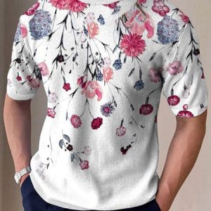 Men's Casual Floral Pattern Round Neck Short Sleeve T-Shirt Daily Commuting, T-Shirts, color:Pink|size:3XL, JustFashionNow