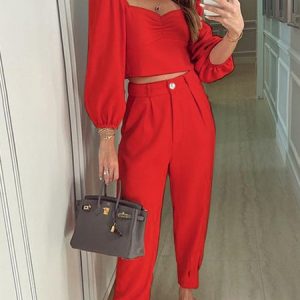 Women Plain Square Neck Long Sleeve Comfy Casual Top With Pants Two-Piece Set, Sets, color:Red|size:XXL, Noracora