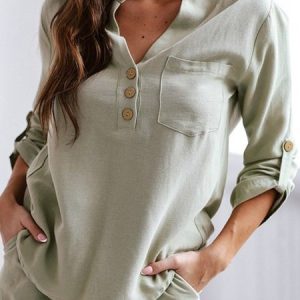 Casual Buttoned Plain V Neck Blouse, Shirts & Blouses, color:Army Green|size:XXL, JustFashionNow