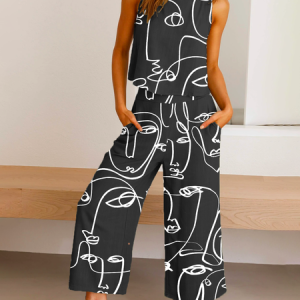 Abstract Printed Casual Two-Piece Set, Suit Set, color:Black|size:XXL, JustFashionNow