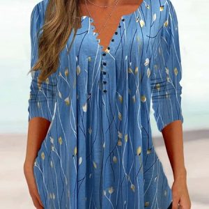 V Neck Long Sleeve Floral Regular Loose Shirt For Women, Blouses, color:Blue|size:XXL, Noracora